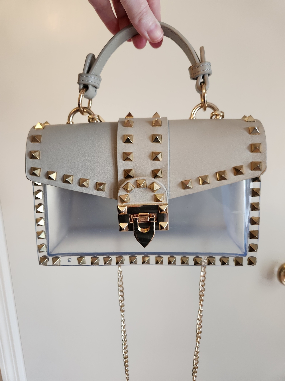 Clear Studded Crossbody Bag Gray Gold Pyramid Studs Removable Chain Y2K